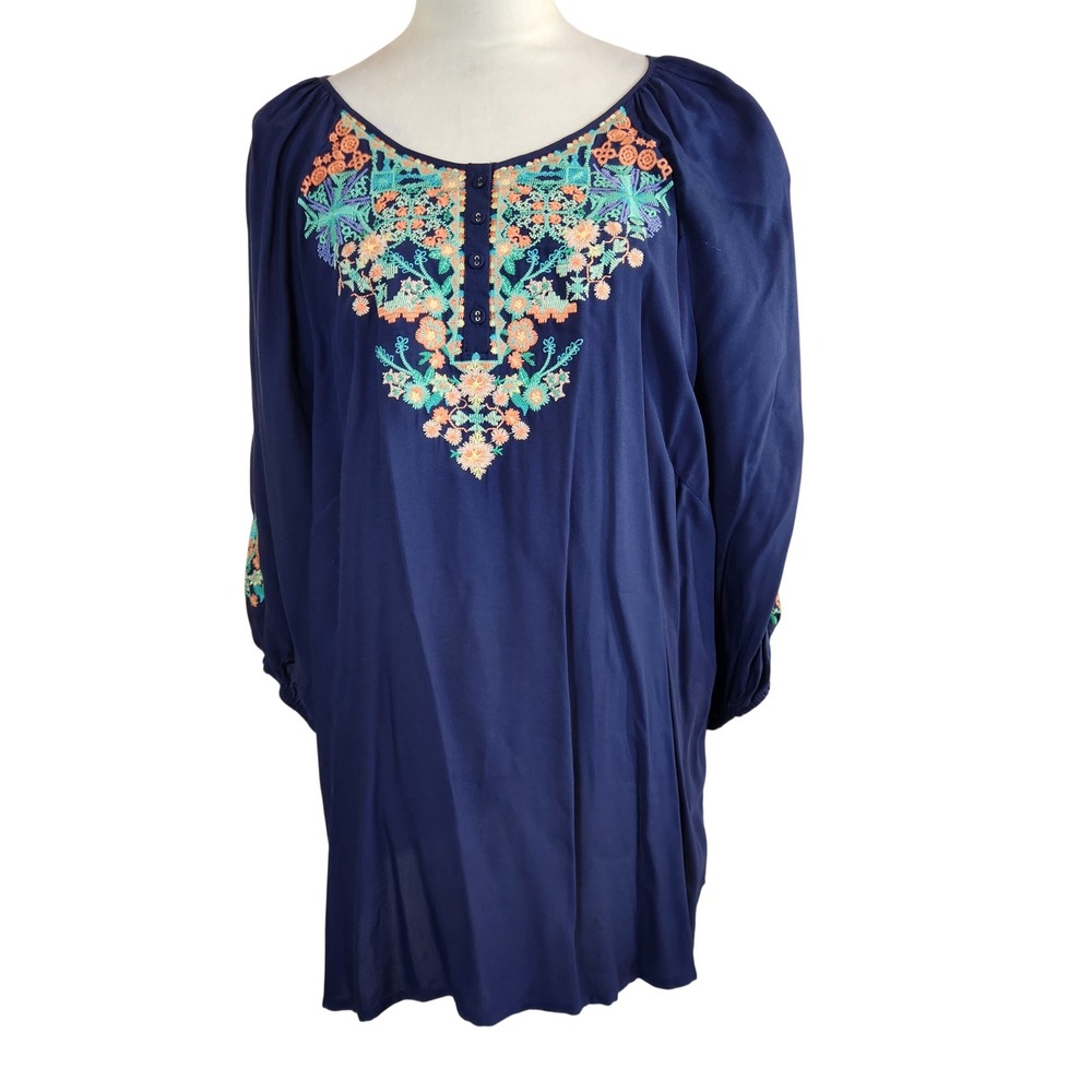 C&C California Womens 1X Top Navy Blue Embroidered Boho Flowy Peasant Blouse